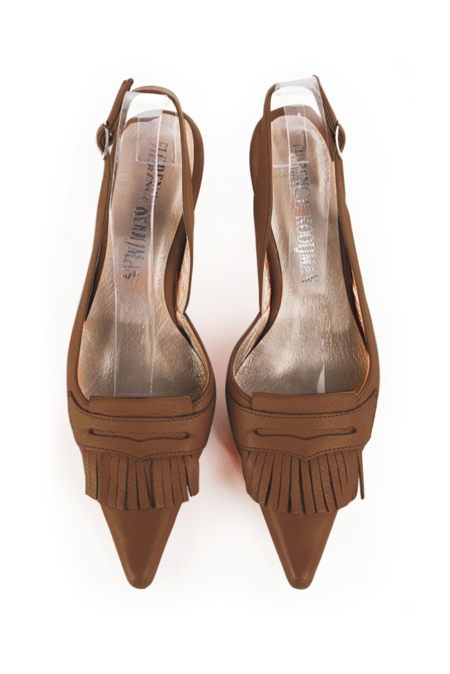 Women's caramel brown slingback dress shoes. Pointed toe. High spool heels - Top view